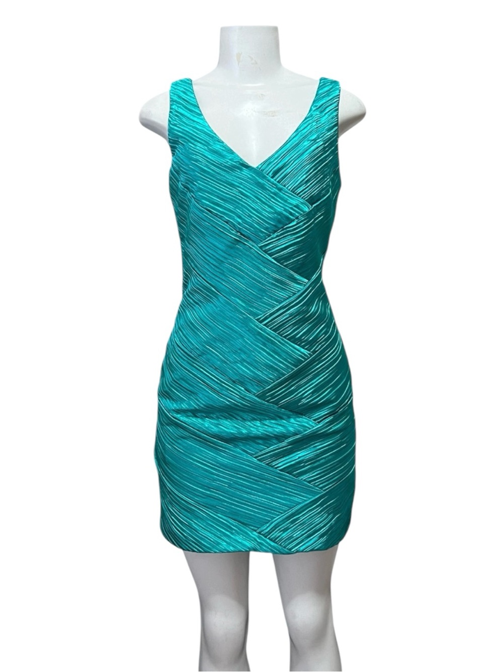 Max & Cleo Dress Teal Pleated Sheath Mini V Neck Sleeveless Cocktail Party Femme